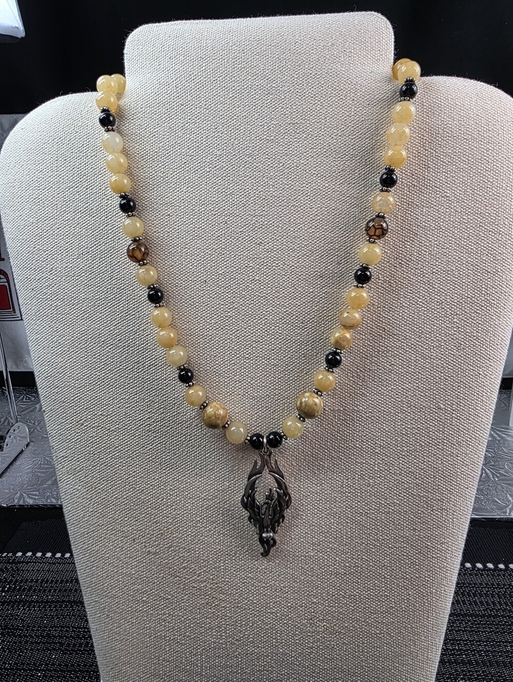 Yellow Jade & Onyx with Flying Phoenix Pendant
